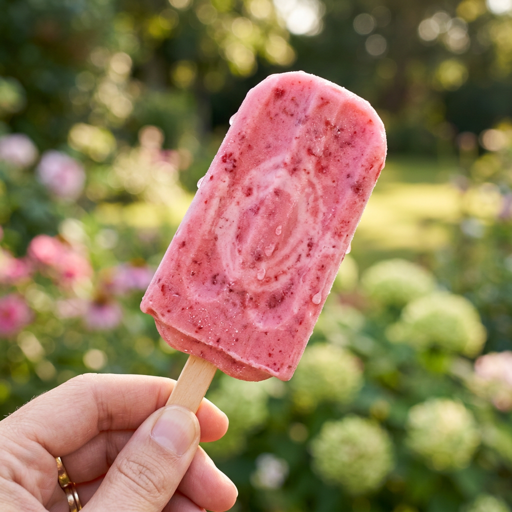Hand holding a strawberry and yogurt swirled popsicle with a garden background
